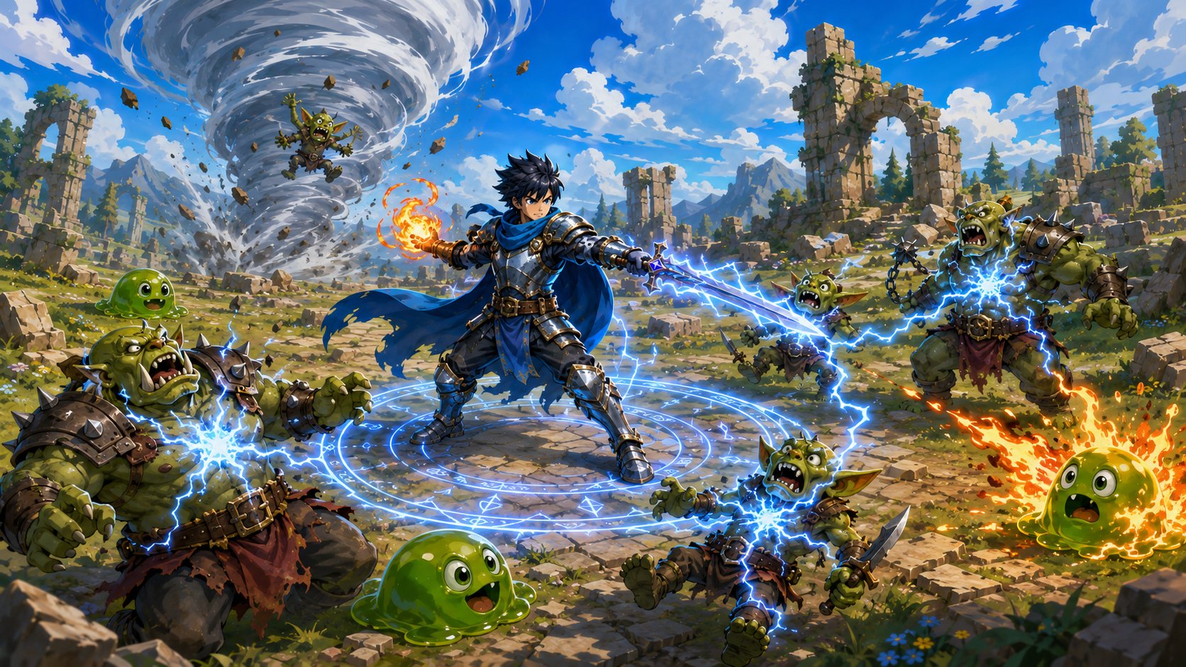 Herói cercado por magias de fantasia em evolução.